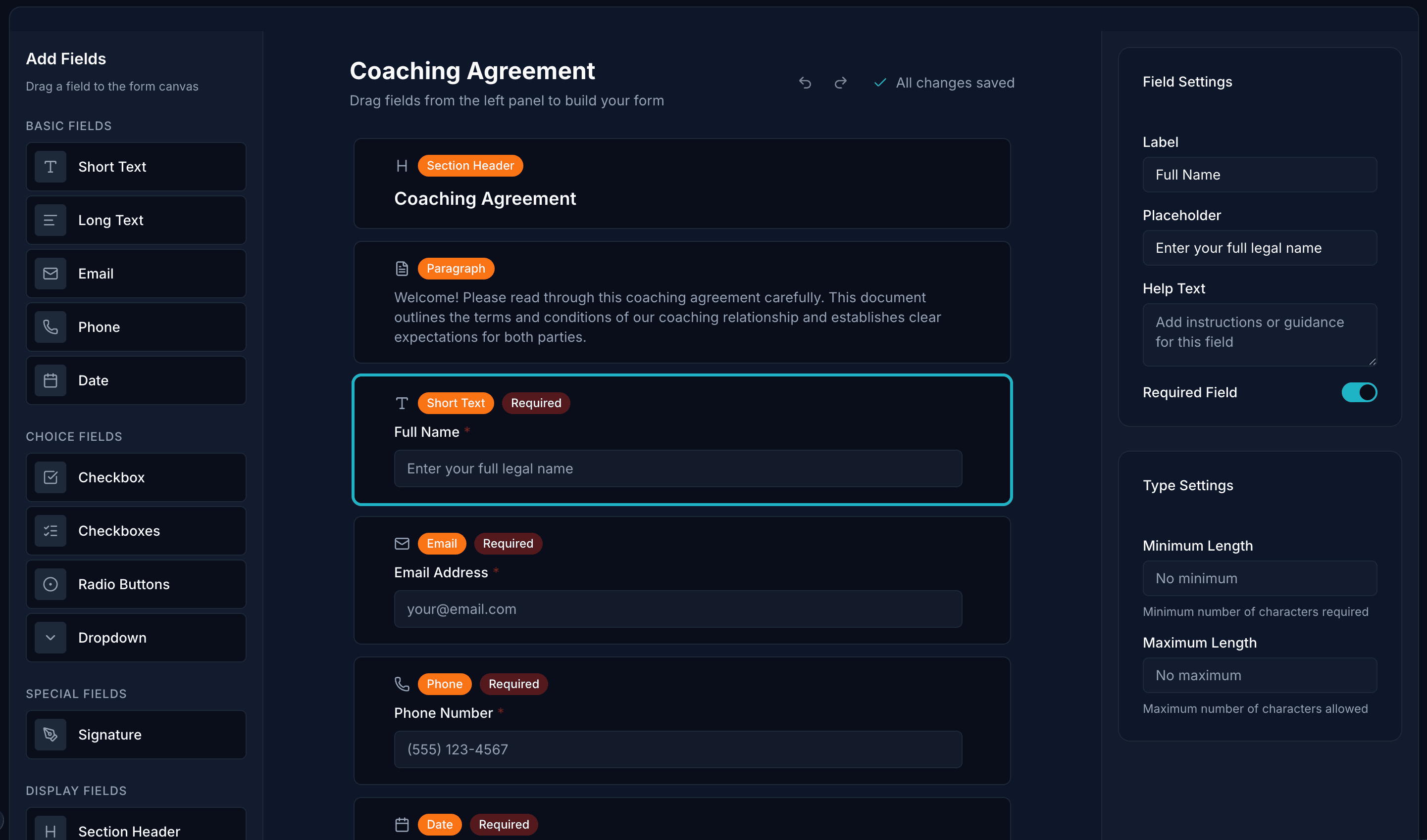 IntakeEase form builder — dark mode