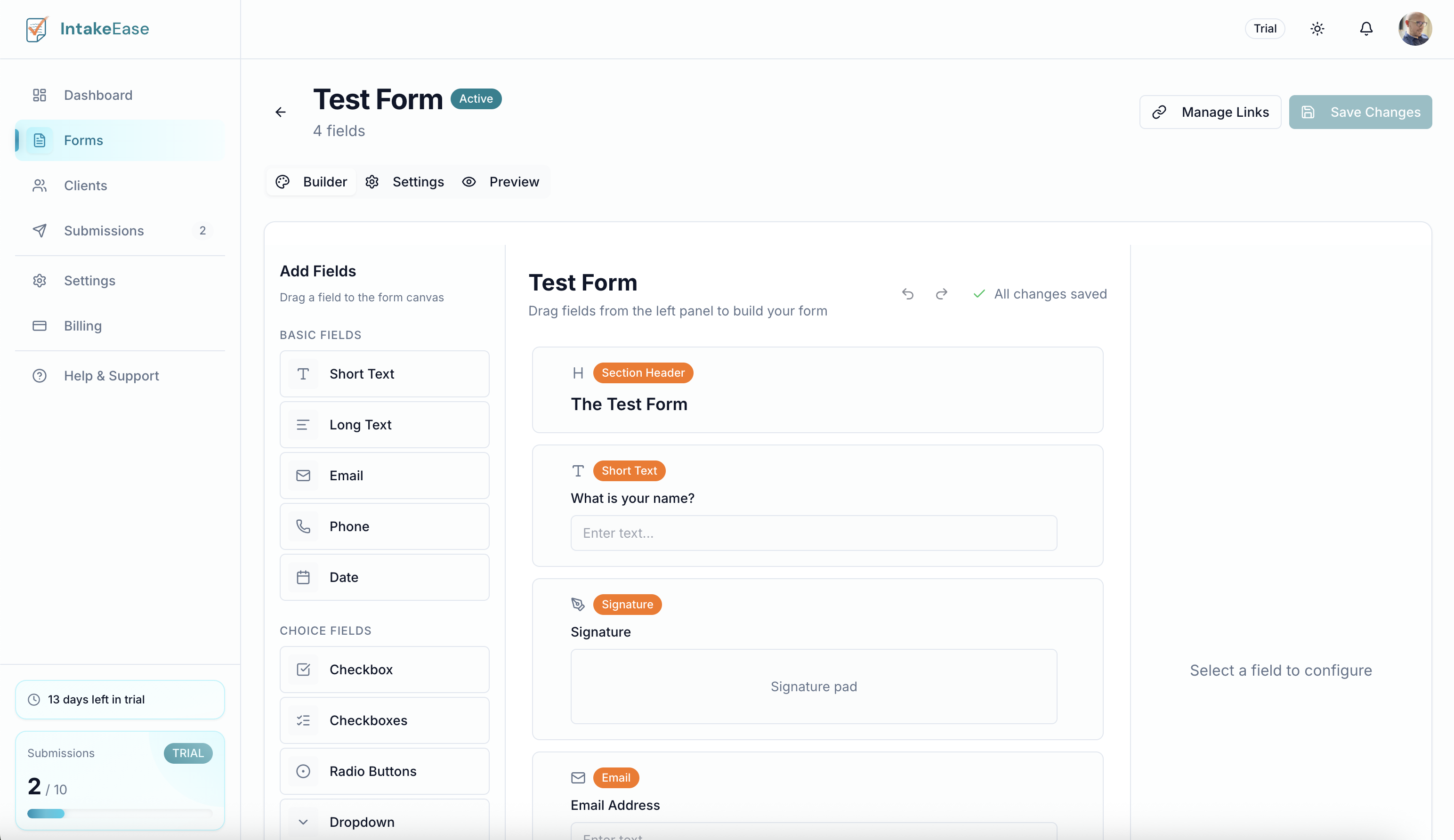 IntakeEase form builder interface showing drag-and-drop form creation